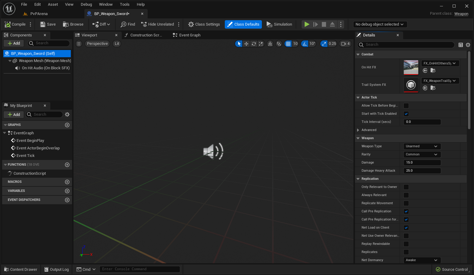 Screenshot of the Editor showing our Sword Blueprint