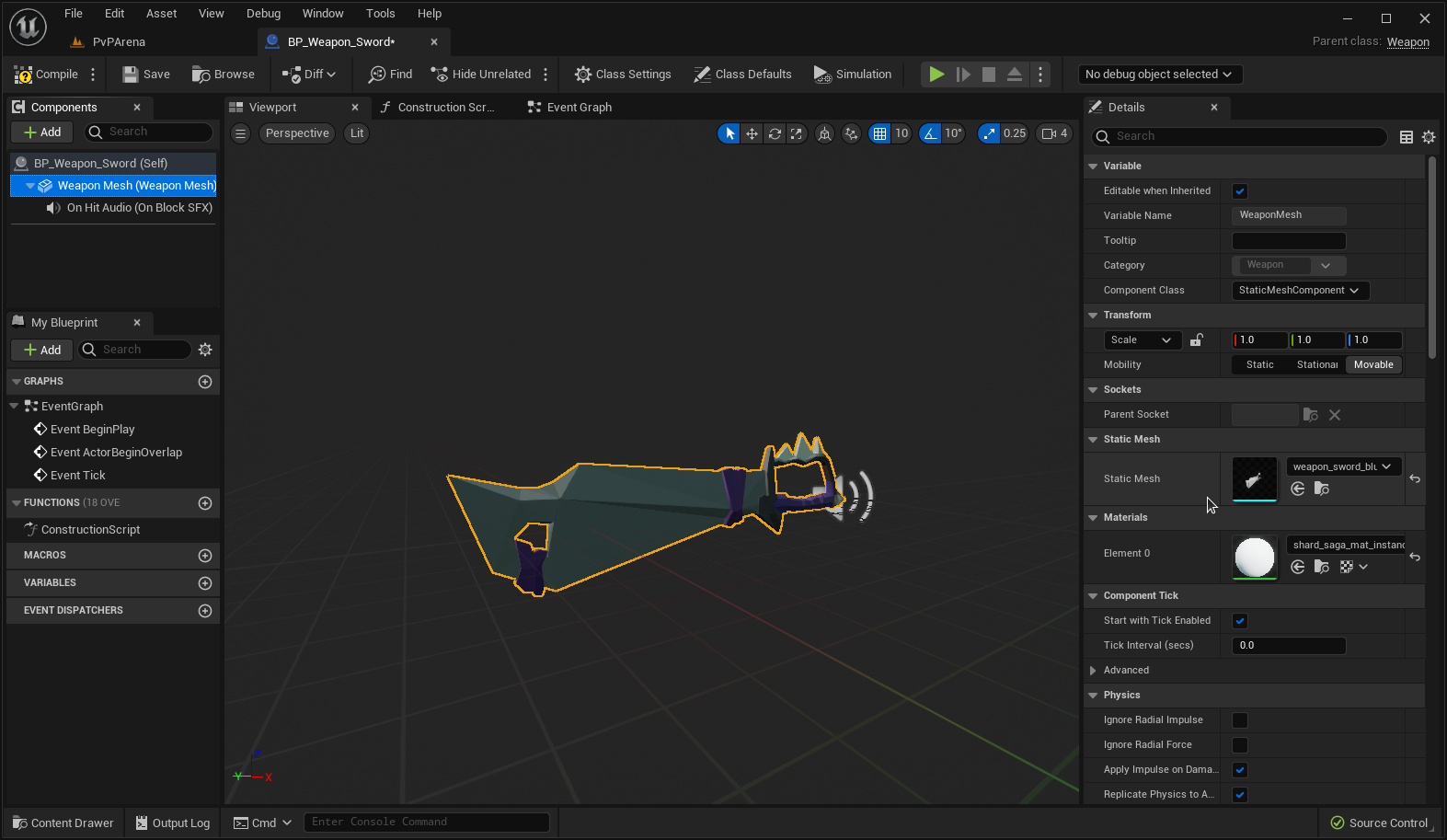 Screenshot of the Editor showing our Sword Blueprint with a Static Mesh