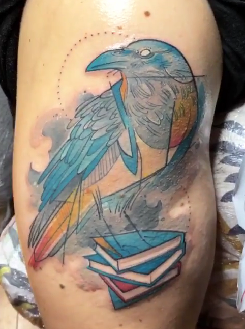 Colorful Crow on top of some books